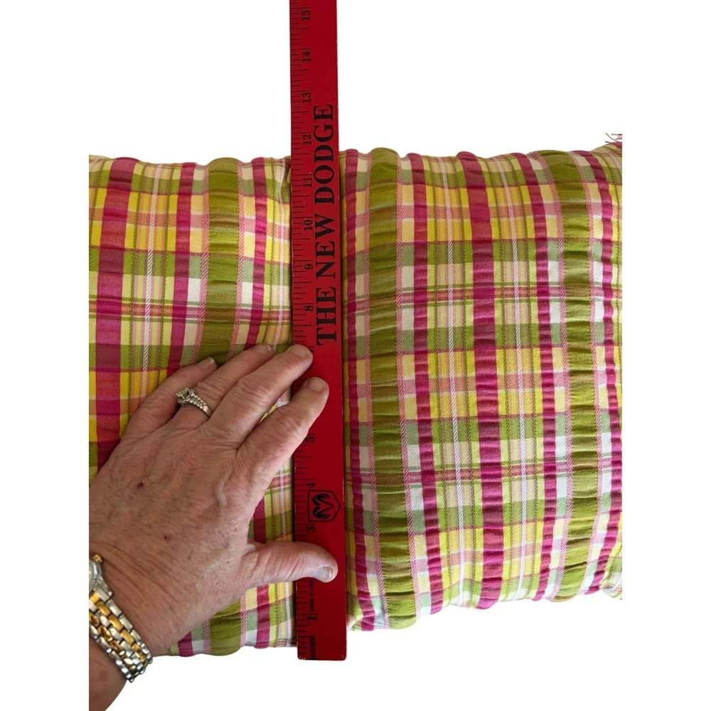 Pink Green Yellow Plaid Lumbar Throw Pillow with Fringe‎ Trim 20x12 Accent Boho